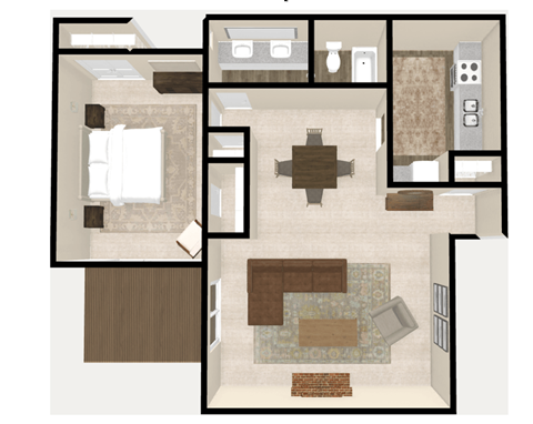 Floor plan for 1 bed, 1 bath, 934 sqft